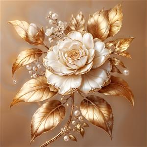 طرح لوکس گل رز طلایی و مرواریدهای درخشان سه بعدی برای پوستر دیواری پشت تختخواب و چاپ روی سینی و ظروف دکوراتیو
