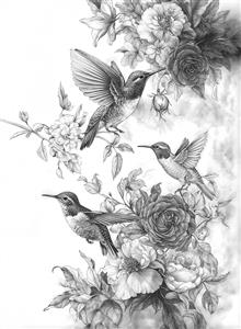 طراحی سیاه و سفید مرغ مگس‌خوار و گل‌های رز وحشی به سبک قلم‌زنی برای کاغذ دیواری اتاق مطالعه، دفترچه یادداشت و کتاب کودک