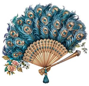 تصویر گرافیکی بادبزن با طرح پر طاووس و گل‌های رز مینیاتوری مناسب چاپ روی بشقاب‌های تزیینی، کوسن و پوسترهای عمودی خاص