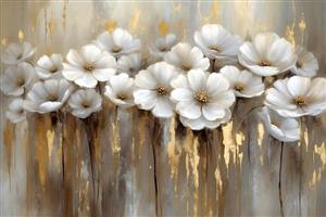 نقاشی مدرن گل‌های سفید برجسته با رگه‌های طلایی لوکس مناسب پوستر دیواری پذیرایی و تابلو دکوراتیو تالار پذیرایی و لابی هتل