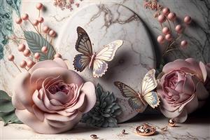 تصویر سه بعدی پروانه‌های طلایی و گل‌های رز برجسته روی دیواره مرمری جهت چاپ پوستر دیواری لوکس سالن پذیرایی