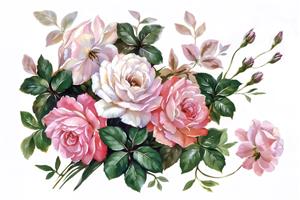 نقاشی دسته گل رز و شکوفه با تم صورتی و سفید ویژه چاپ روی روتختی، کوسن و پوستر دیواری اتاق کودک و نوجوان