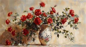 تابلو نقاشی رنگ روغن گلدان پر از رزهای سرخ با سبک کلاسیک اروپایی برای پوستر دیواری اتاق نهارخوری و پذیرایی