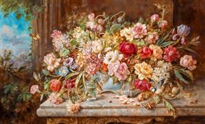 منظره کلاسیک میز گل و ایوان عمارت قدیمی برای پوستر دیواری سه بعدی هال و پذیرایی با نمای طبیعت و پروانه ویژه چاپ کاغذ دیواری منظره