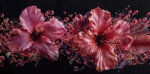 طرح پانوراما گل‌های هبیسکوس سرخ و حباب‌های آب برای پوستر دیواری پشت تلویزیون و استخر ویژه چاپ پوستر عریض و بنر‌های تزئینی لوکس