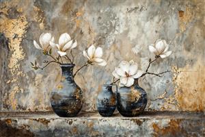 نقاشی مدرن گلدان‌های سفالی و گل‌های مگنولیا روی دیوار بتنی جهت پوستر دیواری طرح سنگ و بتن مناسب کافی‌شاپ، هتل و محیط‌های مینیمال