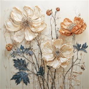 پوستر دیواری انتزاعی با طرح گل‌های برجسته کرم و استخوانی روی پس‌زمینه نود مناسب دکوراسیون سالن پذیرایی و اتاق خواب مستر جهت چاپ دیواری و قاب دکوراتیو