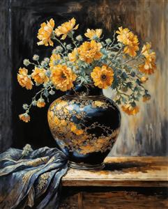 طرح گلدان چینی سرمه‌ای با گل‌های زرد خورشیدی مناسب پوستر دیواری سه بعدی نشیمن و دفتر کار جهت تولید تابلو بوم و کاور کوسن کلاسیک