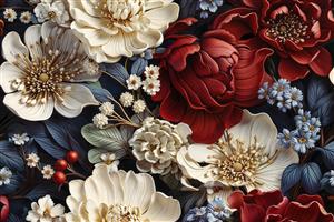 الگوی بدون درز (Seamless) گل‌های رز مخملی قرمز و کرم برای چاپ کاغذ دیواری اتاق مستر، پارچه مبلی و شال تخت