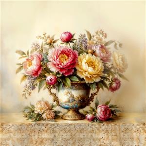 نقاشی نئوکلاسیک گلدان گل‌های درشت صورتی و زرد مناسب برای پوستر دیواری سالن کنفرانس و سالن‌های زیبایی لوکس