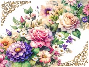 گوشه‌های اسلیمی طلایی با دسته گل‌های فانتزی شاد برای چاپ پرده تصویری، رومیزی و کاغذ دیواری اتاق خواب دخترانه