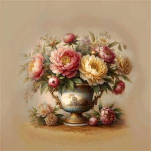 جام سلطنتی پر از گل‌های صدتومانی (Peony) با نمای اشرافی جهت چاپ پوستر دیواری عمودی در راهرو و ورودی ویلا