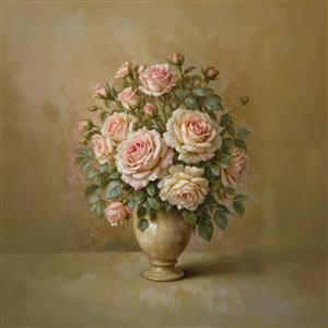 گلدان سنگی با گلهای رز هلویی در زمینه نسکافه‌ای مناسب کاغذ دیواری پشت تخت خواب و لابی هتل‌های مجلل