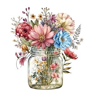 وکتور دسته گل بهاری در شیشه مربا سبک آبرنگی برای چاپ روی دفترچه، کالای خواب کودک و کاغذ دیواری مهدکودک