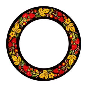 طرح دایره‌ای میوه و توت‌فرنگی با پس‌زمینه مشکی سبک سنتی برای چاپ روی ظروف تزیینی، سینی و کاغذ دیواری آشپزخانه