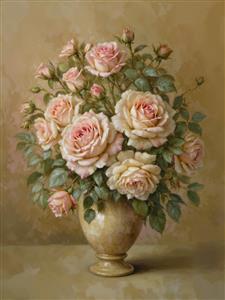 گلدان گل رز کرم و صورتی با نورپردازی ملایم کلاسیک جهت چاپ پوستر دیواری پشت تلویزیون و تابلو بوم اتاق مستر