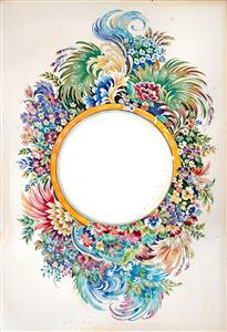 قاب اسلیمی گل و مرغ مینیاتوری با رنگ‌های شاد برای حاشیه آینه، پوستر دیواری لابی و چاپ روی تایل‌های سقفی