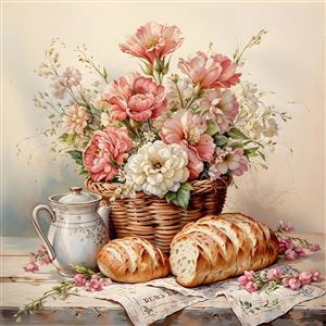 استایل نقاشی سبد گل رز و نان تازه برای کاغذ دیواری آشپزخانه، نانوایی فانتزی و تابلو دکوراتیو هتل و رستوران