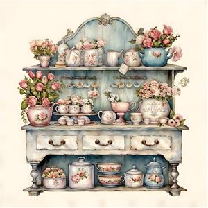 طرح شلف آشپزخانه کلاسیک با ظروف چینی و گل صورتی مناسب چاپ کاغذ دیواری سه بعدی، تابلو دکوراتیو و استیکر کابینت