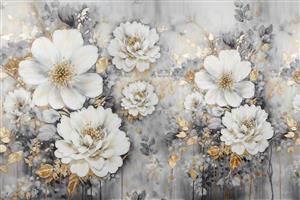کاغذ دیواری پذیرایی با طرح گل‌های درشت سفید و طلایی در زمینه خاکستری برای خانه‌های مدرن