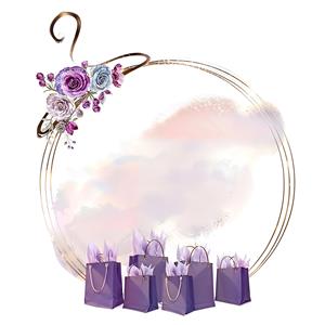 کادر دایره‌ای طلایی با تزئین گل‌های بنفش و ساک‌های خرید برای بنر تبلیغاتی و چاپ روی بگ شاپ