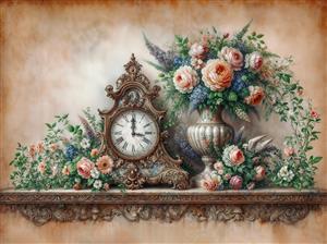 طرح نوستالژیک ساعت رومیزی قدیمی و گل های رز برای چاپ تابلو دکوراتیو و کاغذ دیواری آشپزخانه