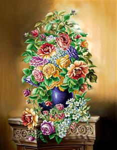 پوستر دیواری با شکوه دسته گل رز روی ستون سنگی کلاسیک مناسب دکوراسیون تالار و هتل های مجلل