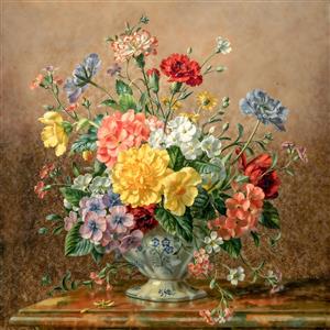 نقاشی کلاسیک گلدان گل های رنگارنگ و آنتیک مناسب چاپ کاغذ دیواری اتاق خواب و کوسن دکوراتیو
