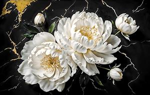 پوستر دیواری لوکس طرح سنگ مرمر مشکی با گل‌های صدتومانی سفید و رگه‌های طلایی برای پشت تلویزیون و کانتر پذیرش