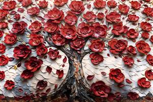 پوستر دیواری سه بعدی با طرح درخت گل‌های رز زرشکی برجسته و تنه قهوه‌ای تیره برای پشت مبلمان و اتاق خواب مستر