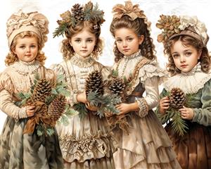 نقاشی نوستالژیک چهار دختربچه با لباس‌های قدیمی و میوه کاج ویژه چاپ پوستر دیواری مهدکودک و دکوراسیون اتاق کودک