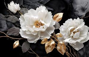 تصویر باکیفیت گل‌های صدتومانی سفید و برگ‌های طلایی در زمینه مشکی لوکس برای پوستر دیواری سه بعدی و روتختی بزرگسال