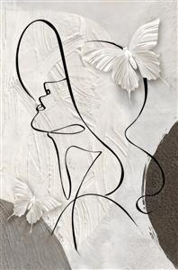 خط‌نگاره مدرن چهره زن و پروانه به سبک مینیمال سفید و مشکی مناسب پوستر دیواری آرایشگاه زنانه و تابلو دکوراتیو عمودی