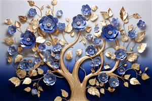 طرح تجملی درخت با گل‌های آبی کاربنی و برگ‌های طلایی براق ویژه چاپ روی فرش، کوسن و پوستر دیواری تالار پذیرایی