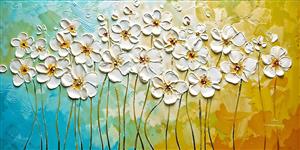 نقاشی مدرن گل‌های بهاری با تکنیک کاردک و رنگ‌های شاد زرد و آبی مناسب پوستر دیواری آشپزخانه و مهدکودک یا جلد دفتر