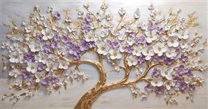 درخت شکوفه برجسته با گل‌های سفید و بنفش و تنه طلایی لوکس برای پوستر دیواری سه بعدی پشت تلویزیون و لابی هتل