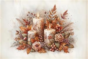 چیدمان شمع‌های دکوراتیو در میان برگ‌های پاییزی آبرنگی برای پوستر دیواری کلینیک‌های زیبایی، اسپا و دکوراسیون گرم پاییزی