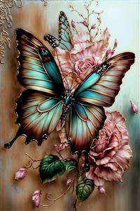 تصویر سه بعدی پروانه فیروزه‌ای بزرگ روی گل‌های رز کالباسی ویژه پوستر دیواری پشت تلویزیون و دیوارهای شاخص پذیرایی