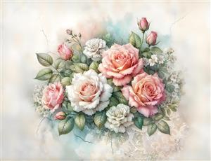 دسته گل رز آبرنگی با رنگ‌های ملایم کرم و صورتی برای پوستر دیواری تالار عروسی، اتاق خواب دخترانه و چاپ روی پرده و روتختی