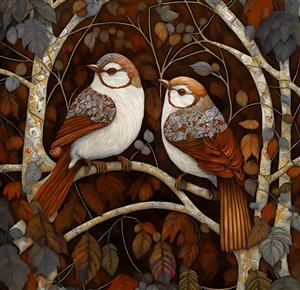 نقاشی هنری دو پرنده روی شاخه با رنگ‌های قهوه‌ای و پاییزی برای پوستر دیواری اتاق مطالعه، دفتر کار و تزیینات چوبی منزل