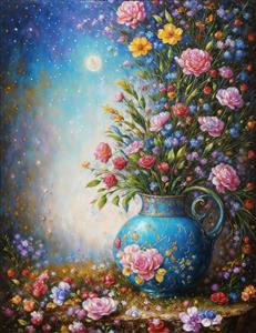 گلدان گل‌های رنگارنگ در شب مهتابی با سبک امپرسیونیسم مناسب برای پوستر دیواری اتاق نشیمن و تابلوهای دکوراتیو کافه