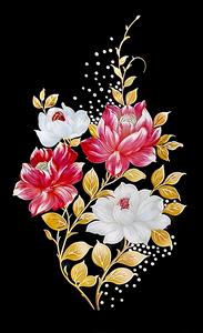 وکتور گلهای لوکس قرمز و سفید با برگ های طلایی در زمینه مشکی برای پوستر دیواری پشت تلویزیون و تابلوهای دکوراتیو مدرن