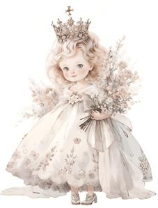 تصویر فانتزی دختر بچه فرشته با تاج طلایی و دسته گل مناسب پوستر دیواری اتاق کودک، مهدکودک و چاپ روی دفترچه و وسایل نوزاد