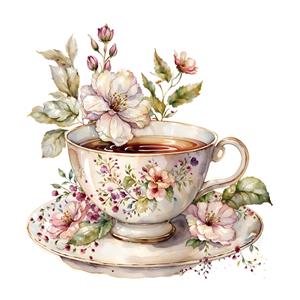 نقاشی آبرنگی فنجان چای کلاسیک با تزیین گل گلی زیبا ویژه چاپ روی ماگ، بشقاب دکوراتیو و پوستر دیواری آشپزخانه و کافی شاپ