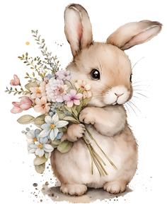 تصویر فانتزی خرگوش مهربان با دسته گل بهاری ویژه چاپ پوستر اتاق کودک، روتختی و استیکر دیواری