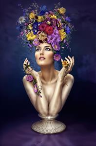 پوستر دیواری هنری سورئال چهره زن با تاجی از گل‌های رنگارنگ ویژه سالن‌های آرایش و مزون‌های زنانه