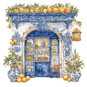 طرح آبرنگی کافه سنتی با چیدمان لیمو و کاشی‌های آبی مناسب برای تزئین دیوار رستوران و دکوراسیون داخلی