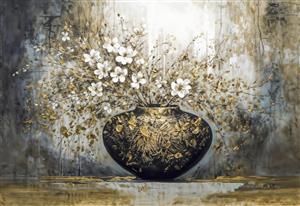 پوستر دیواری لوکس با طرح گلدان طلایی و گل‌های سفید مینیاتوری در سبک مدرن ویژه اتاق کنفرانس و لابی