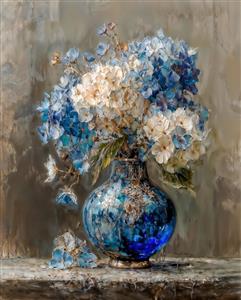 نقاشی رنگ روغن گلدان گل‌های آبی و سفید با بافت برجسته مناسب برای تابلو دکوراتیو سالن پذیرایی و ویلا