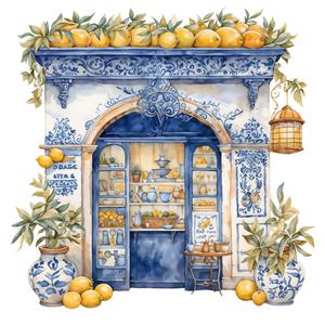 تصویر آبرنگی نمای مغازه میوه فروشی اروپایی با لیموهای زرد جهت چاپ پوستر دیواری آشپزخانه و کافی‌شاپ